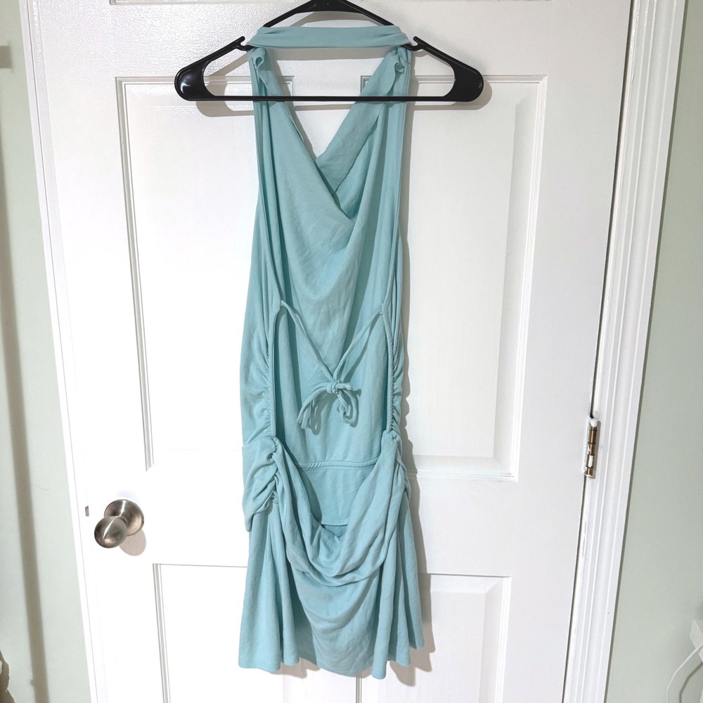 Free People FP Beach Aqua Draped Halter Mini Dress XL Open Back Ruched Cowl Neck - Picture 4 of 7